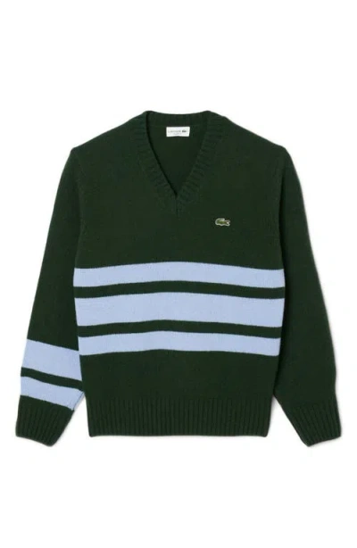 Lacoste Classic Stripe Wool V-neck Sweater In Green