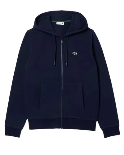 Lacoste Classic Zip-up Hooded Sweatshirt With Kangaroo Pocket In Blue