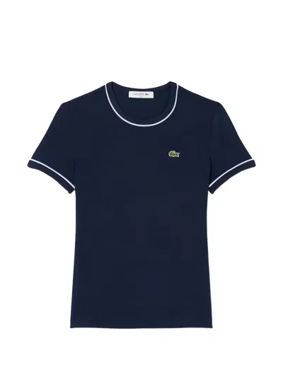 Lacoste Contrast-trim Round-neck Logo-detail Cotton T-shirt In Blue