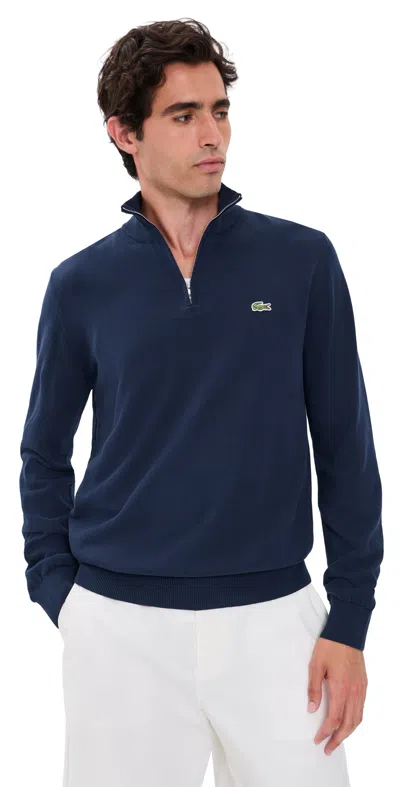 Lacoste Cotton Quarter Zip Sweater Navy In Blue