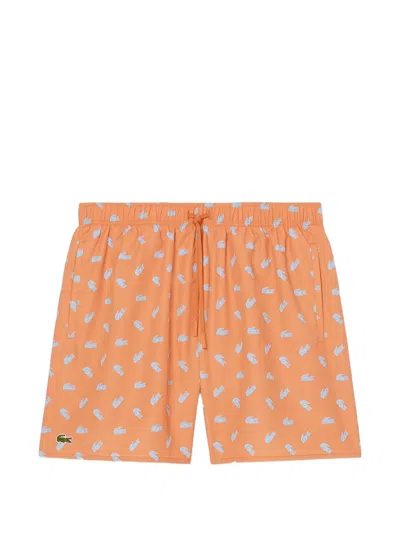 Lacoste Crocodile-print Swim Shorts In Orange