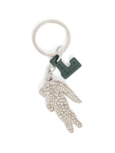 Lacoste Crystallised Leather Keyring In Silver