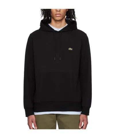Lacoste Hoodie Jersey Long Sleeve Tee Shirt With Kangaroo Pocket In Black