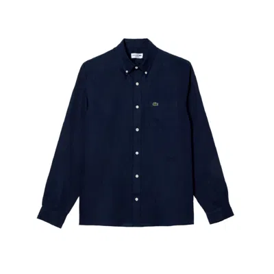 Lacoste Embroidered Crocodile Detail Blue Lino Shirt In Black