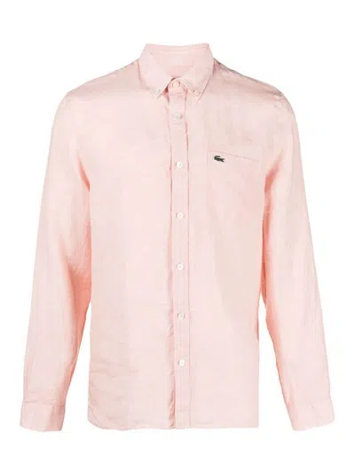 Lacoste Embroidered Linen Shirt In Light Beige