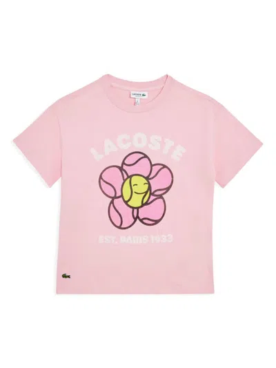Lacoste Kids' Floral-print Cotton T-shirt In 粉色