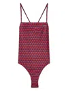 Lacoste Geometric-print Criss-cross Swimsuit In Red