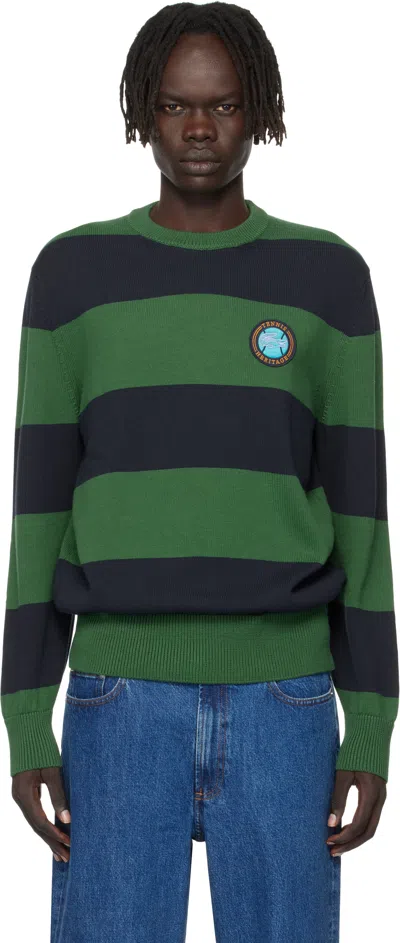 LACOSTE GREEN & NAVY STRIPED COTTON JERSEY SWEATER