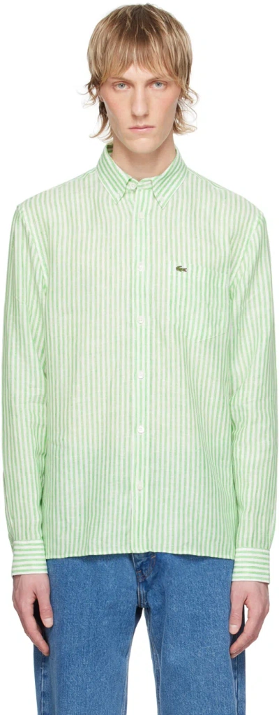 Lacoste Green & White Striped Shirt In White/peppermint