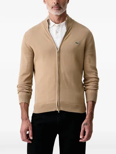 Lacoste High-neck Cotton Sweater With Zipper In Brown
