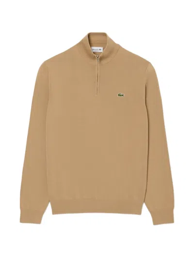 Lacoste High-neck Cotton Sweater With Zipper In Brown