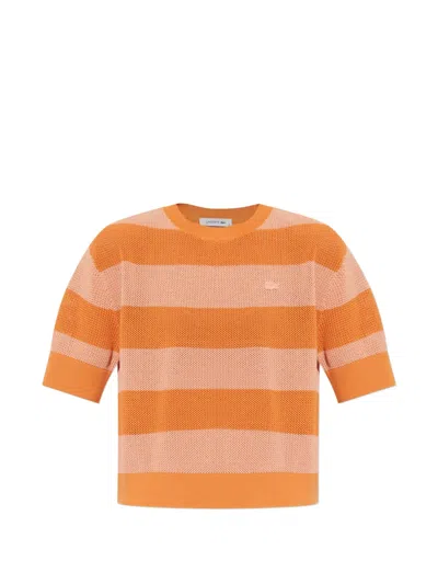 Lacoste Horizontal-stripe Waffle-knit T-shirt In Orange