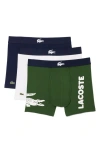 Lacoste Men's 3-pack Regular-fit Big Croc Logo Trunk Underwear In Thyme/navy Blue-white