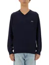Lacoste Logo V-neck Sweater Ribbed Finish In Blue