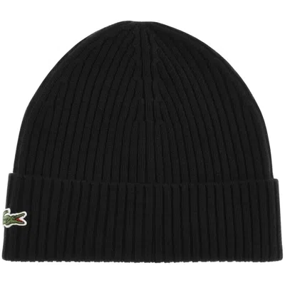 Lacoste Mens Ribbed Knit Beanie Hat In Black