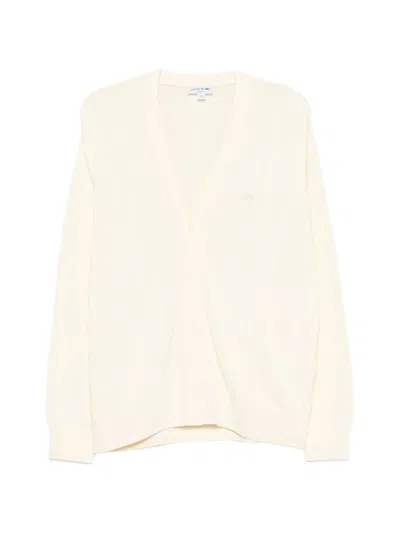 Lacoste Button Ribbed Cardigan In Neutral