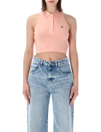 Lacoste Cropped Cotton Polo Top In Neutral