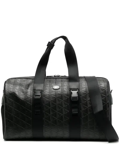 Lacoste Large Monogram Leather Weekend Bag In Black