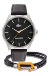 Lacoste Men's Gift Set Black Leather Strap Watch 42mm In Black