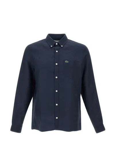 Lacoste Embroidered Crocodile Detail Blue Lino Shirt In Black