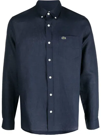 Lacoste Embroidered Crocodile Detail Blue Lino Shirt In Black