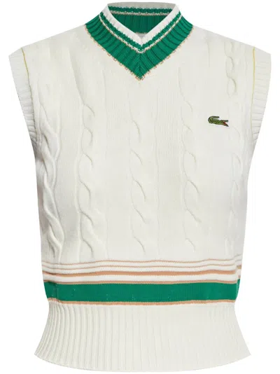 Lacoste Logo-embroidered Cable-knit Top In Beige