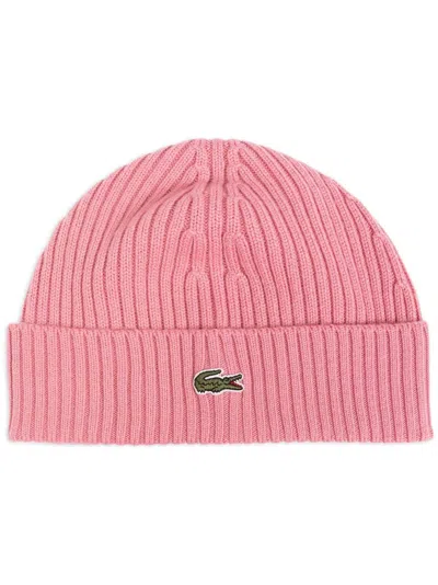Lacoste Logo-embroidered Knit Hat In Pink