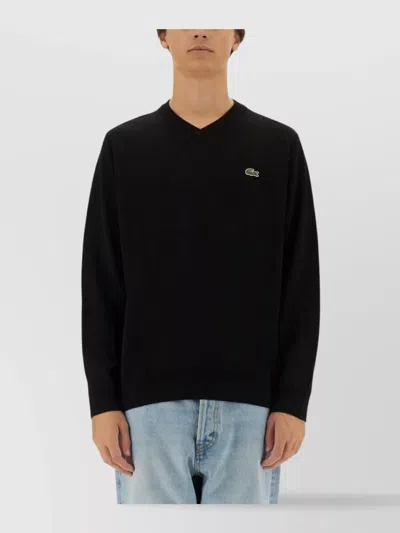 Lacoste Logo Knit Sweater V-neck In Black