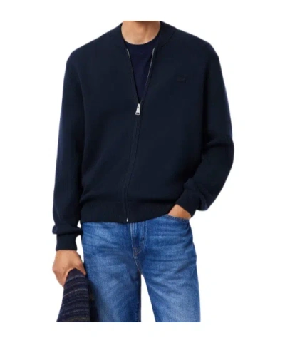 Lacoste Logo Patch Zip-up Cardigan In Blue