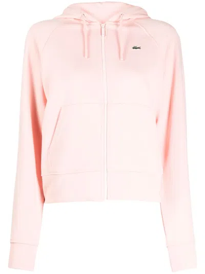 Lacoste Logo-patch Zipped Hoodie In Pink