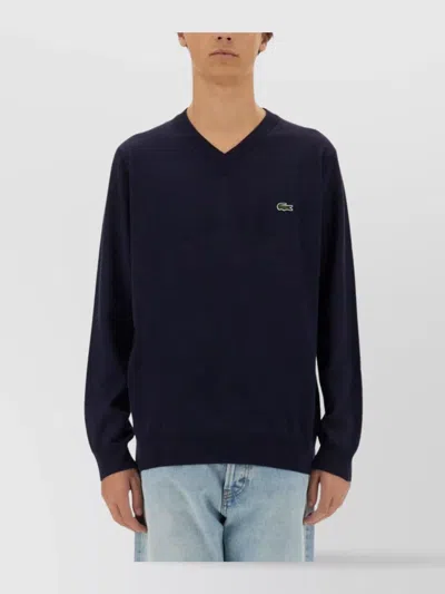 Lacoste Logo V-neck Sweater Ribbed Finish In Blue