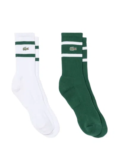 Lacoste Logo-embroidered Striped Socks (set Of 2) In Green