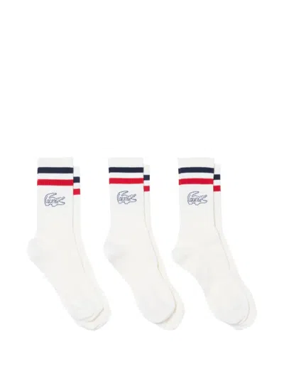 Lacoste Logo-embroidered Striped Socks (set Of Three) In White