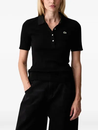 Lacoste Logo-patch Ribbed-knit Polo Shirt In Black