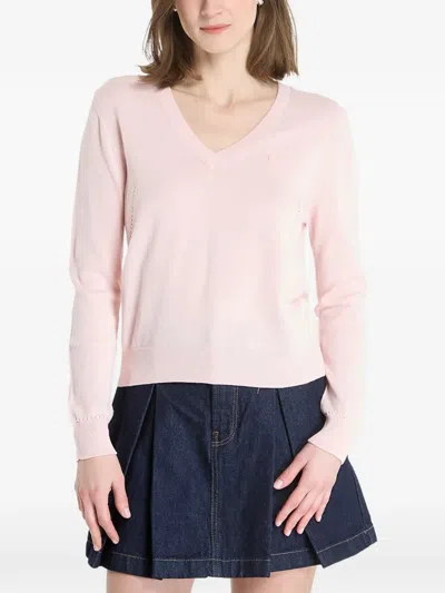 Lacoste Logo-patch V-neck Cotton Sweater In Pink