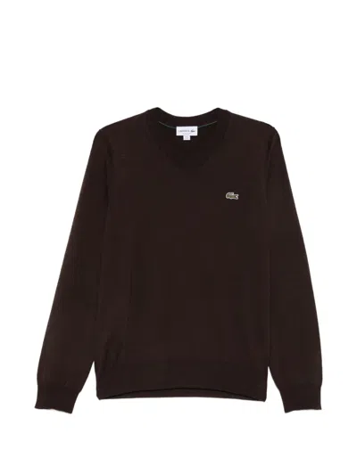 Lacoste Logo-patch V-neck Sweater In Brown