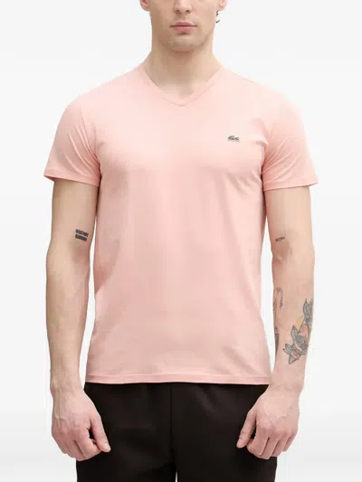Lacoste Logo-patch V-neck T-shirt In Pink