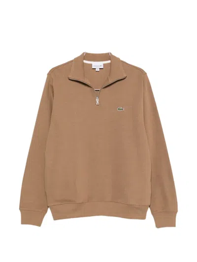 Lacoste Logo-patch Zip-fastening Polo Shirt In Brown
