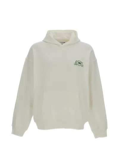 Lacoste Logo-print Graphic-back Hoodie In Neutral