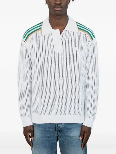 Lacoste Langärmeliges Poloshirt Mit Gestreiften Schultern In White
