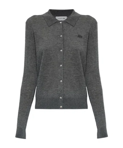 Lacoste Logo-patch Polo-collar Cardigan In Gray