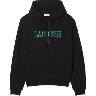Lacoste Loose Fit Fuzzy Logo Cotton French Terry Hoodie In Black