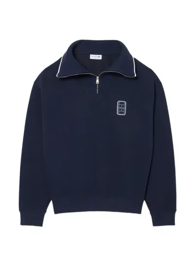 Lacoste Loose-fit High-zipped-neck Badge-accent Sweatshirt In Blue