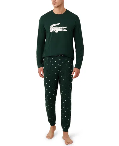 Lacoste Men's 2-piece Jersey Crewneck Top And Pants Pajama Set In Green