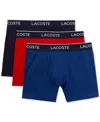 Lacoste Cotton Stretch Logo Waistband Long Boxer Briefs, Pack Of 3 In Navy,red,blue