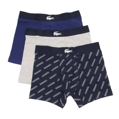 Lacoste Men's 3 Pack Cotton Stretch Print Boxer Briefs In Navy Blue In Multi