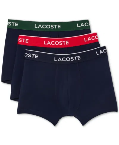 Lacoste Men's 3-pack Regular-fit Logo Waistband Trunk Underwear In Navy,red,green
