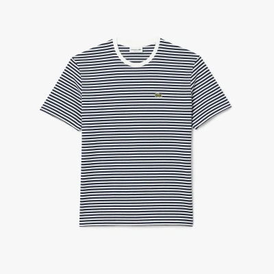 Lacoste Navy And White Cotton Heavy Striped T Shirt In Blue