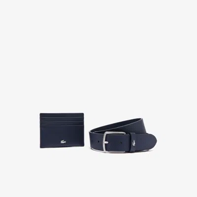 Lacoste Men's Leather Belt & Card Holder Gift Set - 35 In In Blue