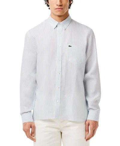 Lacoste Men's Long Sleeve Striped Button-down Linen Shirt In Eb Panorama,blanc